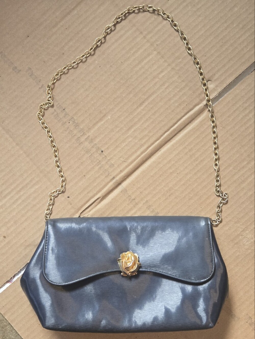 EUC Vintage 1960s Original by Caprice Satin Evening Bag Gold Rose Clasp & Chain